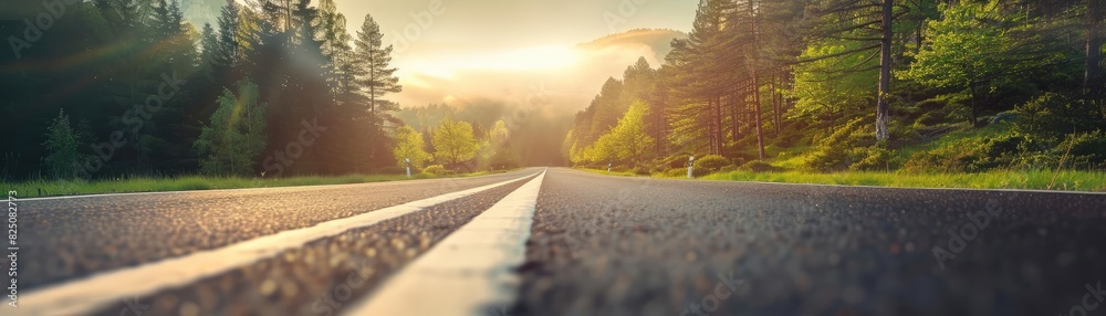 Beautiful scenic road with lush green trees on both sides leads towards a bright sunset, perfect for travel and adventure themes. Beautiful scenic road with lush green trees on both sides leads towards a bright sunset, perfect for travel and adventure themes.