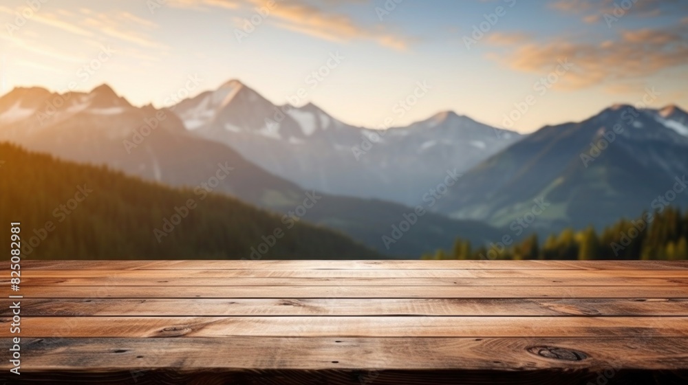 A wooden table surface with a moutain and blurred backdrop,Empty wooden table background, product display montage,Background with empty bokeh wooden table.For designers and advertising banner A wooden table surface with a moutain and blurred backdrop,Empty wooden table background, product display montage,Background with empty bokeh wooden table.For designers and advertising banner