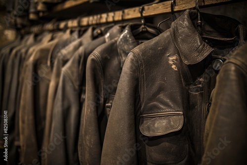 A row of leather jackets hanging on a rack. The jackets are old and worn, with some having dirt and grime on them. Scene is one of nostalgia and a sense of history
