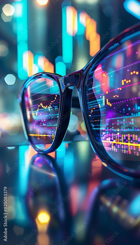 High-tech glasses with stock exchange data projection, close-up, realistic photo High-tech glasses with stock exchange data projection, close-up, realistic photo