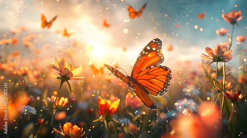 A butterfly is flying in a field of flowers © MyBackground