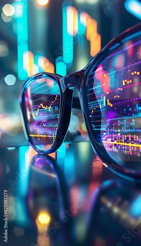 High-tech glasses with stock exchange data projection, close-up, realistic photo
