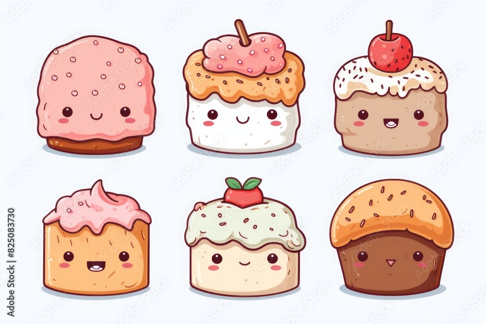 A group of cartoon cakes with different flavors and toppings. The cakes are smiling and appear to be happy A group of cartoon cakes with different flavors and toppings. The cakes are smiling and appear to be happy