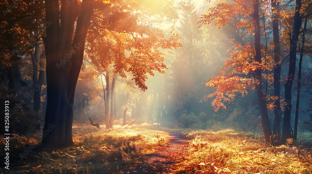 An autumn forest with sunlight streaming through the trees. It symbolizes tranquility, natural beauty, and the change of seasons. Ideal for campaigns focused on nature, serenity, and hiking An autumn forest with sunlight streaming through the trees. It symbolizes tranquility, natural beauty, and the change of seasons. Ideal for campaigns focused on nature, serenity, and hiking