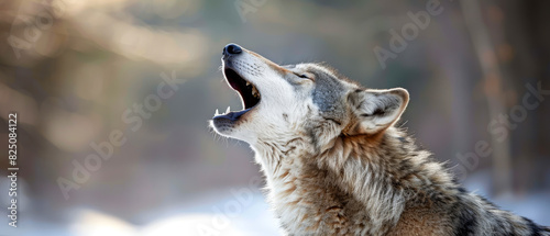 A wolf is howling in the snow photo