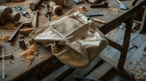 A plain, robust canvas tool bag, open and empty, laid out on a well-used workbench in a carpenter's workshop, surrounded by wood shavings and tools.