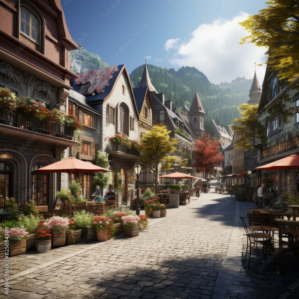 A charming cobblestone street lined with quaint buildings, flowers, and cafes in a picturesque mountain town. A charming cobblestone street lined with quaint buildings, flowers, and cafes in a picturesque mountain town.