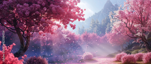 A beautiful pink and white forest with cherry blossoms photo