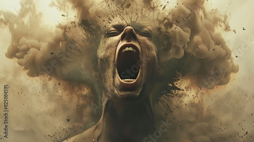A person head exploding while he is screaming to represent anger photo