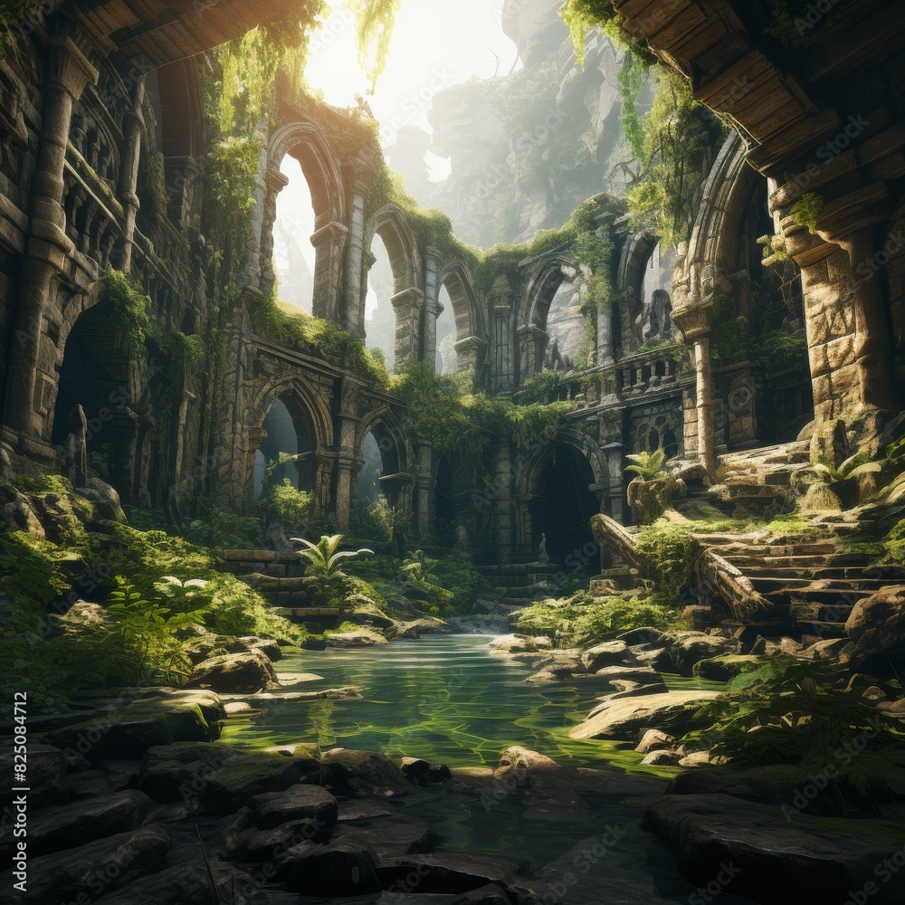 A lush jungle overtakes a forgotten, ruined temple, sunlight peeking through the overgrown arches.
