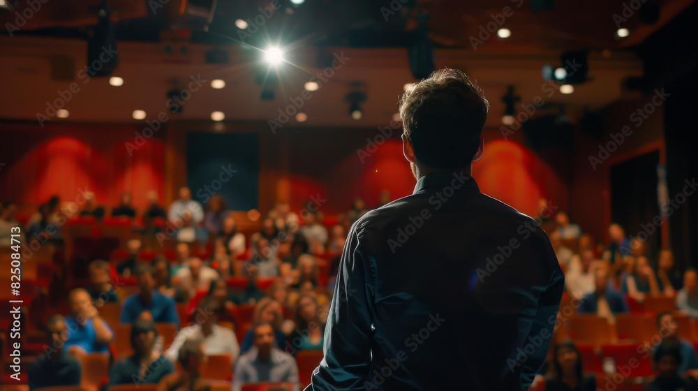 A man stands in front of a large audience, giving a speech A man stands in front of a large audience, giving a speech
