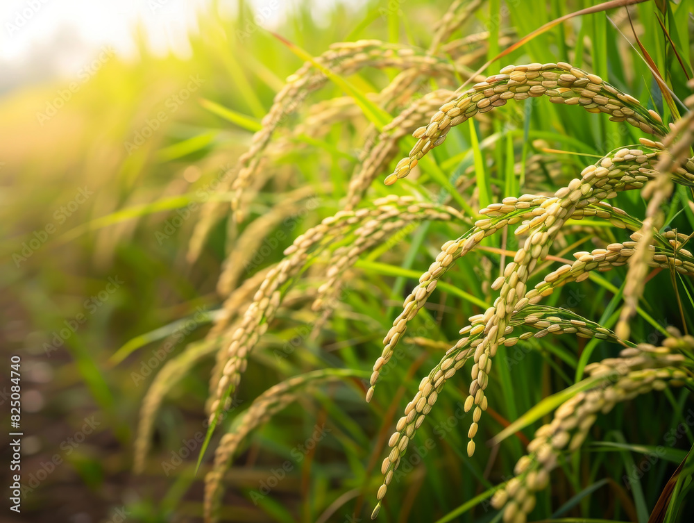 A field of rice plants with green leaves and yellow grains A field of rice plants with green leaves and yellow grains
