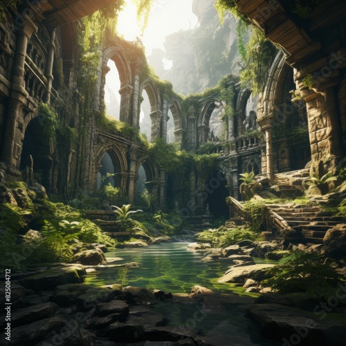 A lush jungle overtakes a forgotten, ruined temple, sunlight peeking through the overgrown arches.