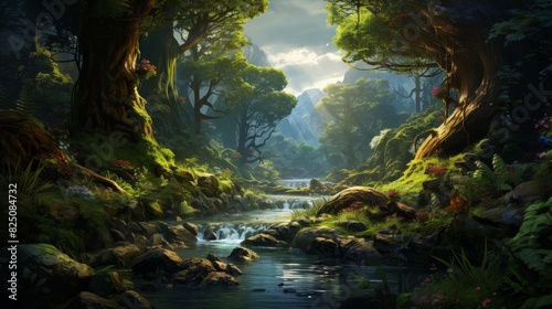 A lush  green forest with a small river running through it. Sunlight shines through the trees  creating a dappled effect.