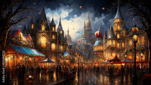 A magical town square bustling with life and illuminated by warm street lights, with hot air balloons floating above.