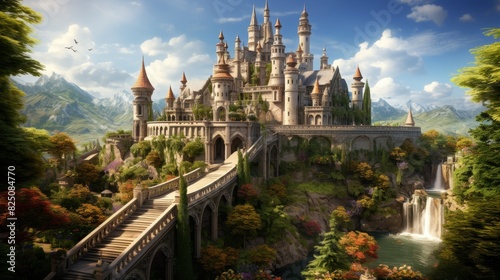A majestic fairytale castle sits atop a hill overlooking a lush valley and waterfall.