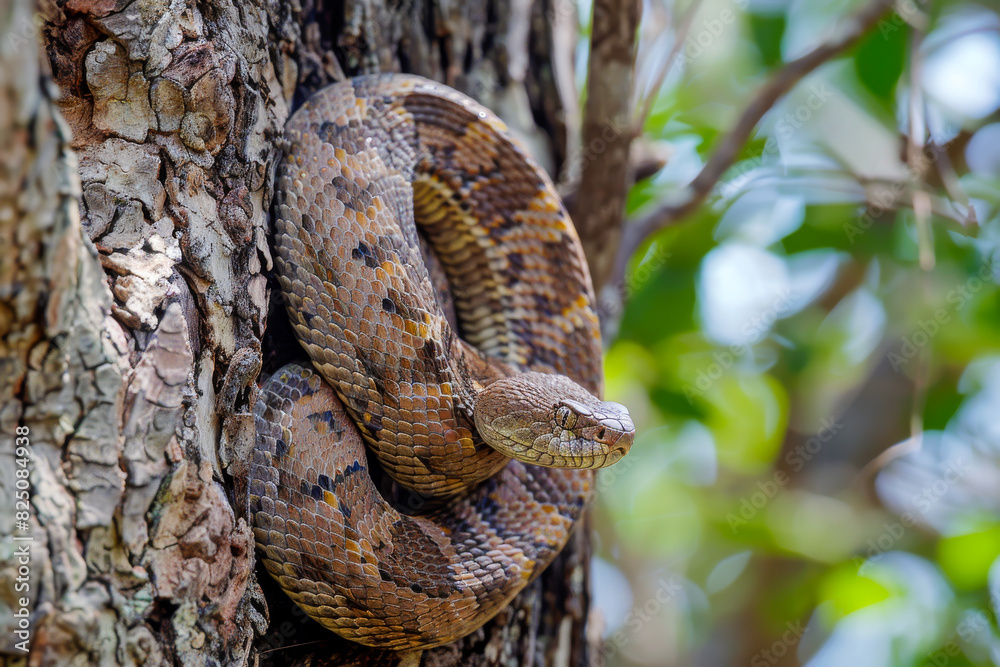 Naklejka premium A brown and black snake is curled up on a tree branch