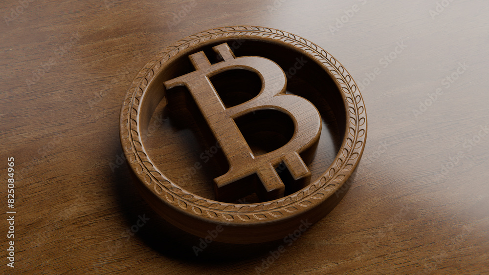 3D rendering - Wooden elegant Bitcoin classic symbol on mid polished wood background 3D rendering - Wooden elegant Bitcoin classic symbol on mid polished wood background