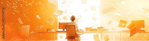 A person sitting in an office surrounded flying papers, concept art illustration in the style of orange and white colors, bright light. photo