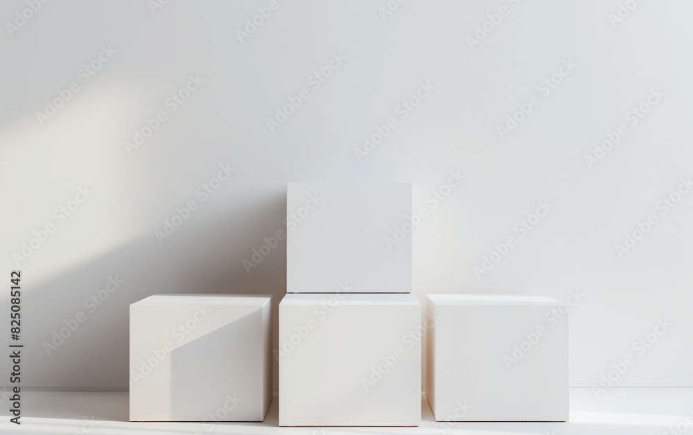 The product podium is in the form of cubes neatly arranged on a white wall The product podium is in the form of cubes neatly arranged on a white wall