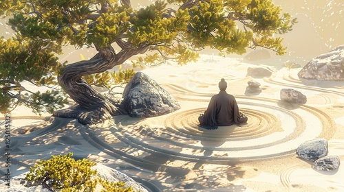  a photo of a Zen garden with a large, twisted tree in the center. photo
