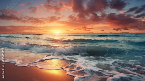 A serene sunset over a calm ocean, with waves gently crashing on the sandy shore. The sky is ablaze with vibrant colors, creating a picturesque scene.