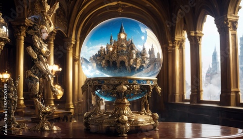 A stunning fantasy depiction of a golden snow globe housing an intricate castle, set in an opulent room with arched windows and classical decor.