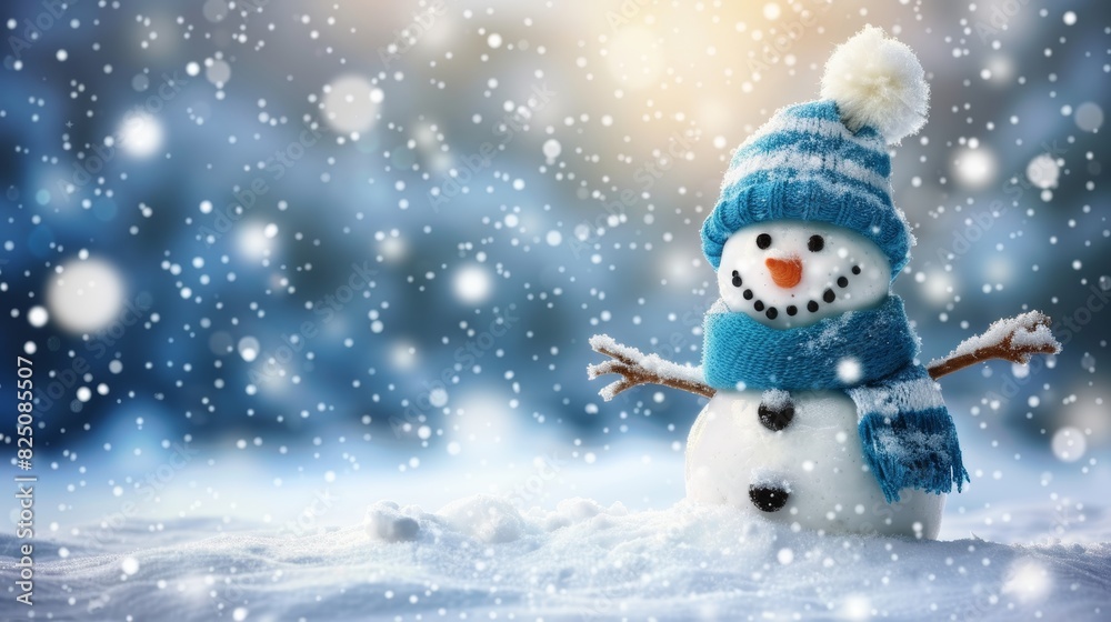 Festive winter holiday banner  cheerful snowman in hat and scarf on snowy background