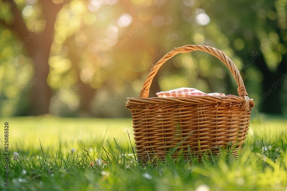 wicker picnic basket on the grass in the summer park with sunlight bokeh background wicker picnic basket on the grass in the summer park with sunlight bokeh background