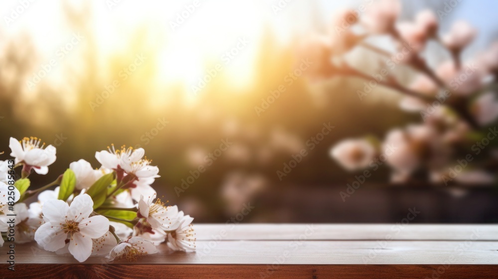 A wooden table surface with a sakura and blurred backdrop, Empty wooden table background, product display montage,Background with empty bokeh wooden table. For designers and advertising banner A wooden table surface with a sakura and blurred backdrop, Empty wooden table background, product display montage,Background with empty bokeh wooden table. For designers and advertising banner