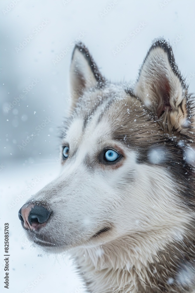 siberian husky dog with a blue eyes is standing in the snow with blurred bokeh background
