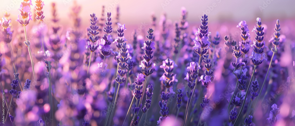 Naklejka premium A field of purple lavender flowers with the sun shining on them