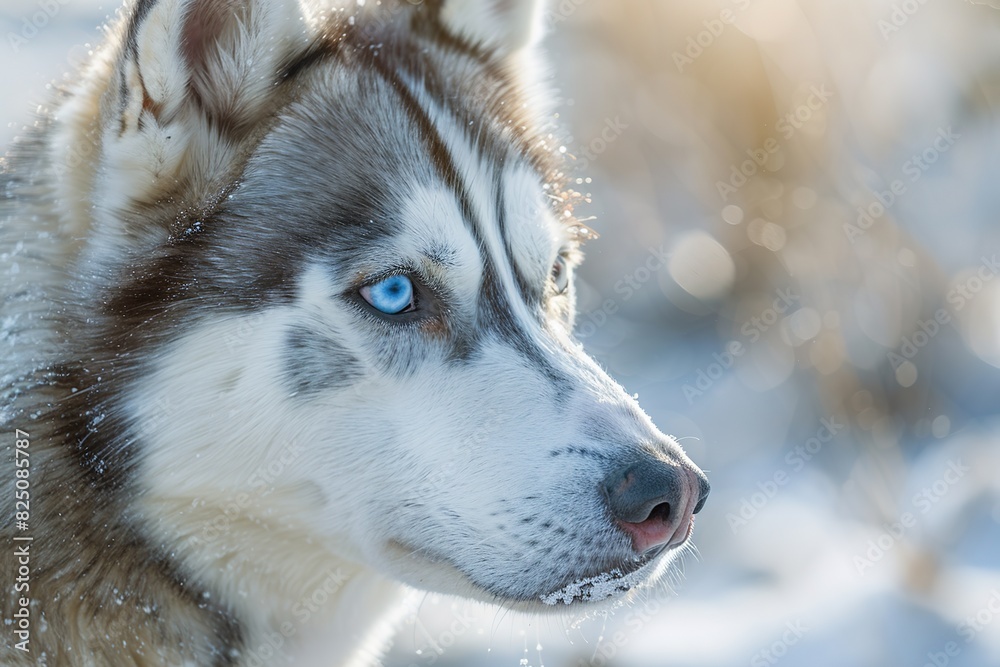 Naklejka premium portrait of a siberian husky dog with a blue eye is standing in the snow with blurred bokeh background