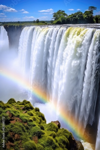 A waterfall with a rainbow in the sky. The waterfall is surrounded by lush green trees and grass. The scene is serene and peaceful, with the rainbow adding a touch of magic and wonder to the landscape