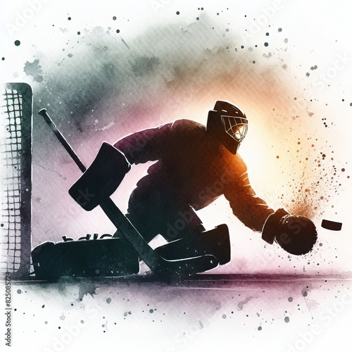 Hockey goalie with a stick in his hand fell defending the goal on a bright watercolor gradient background, action, watercolor illustration photo