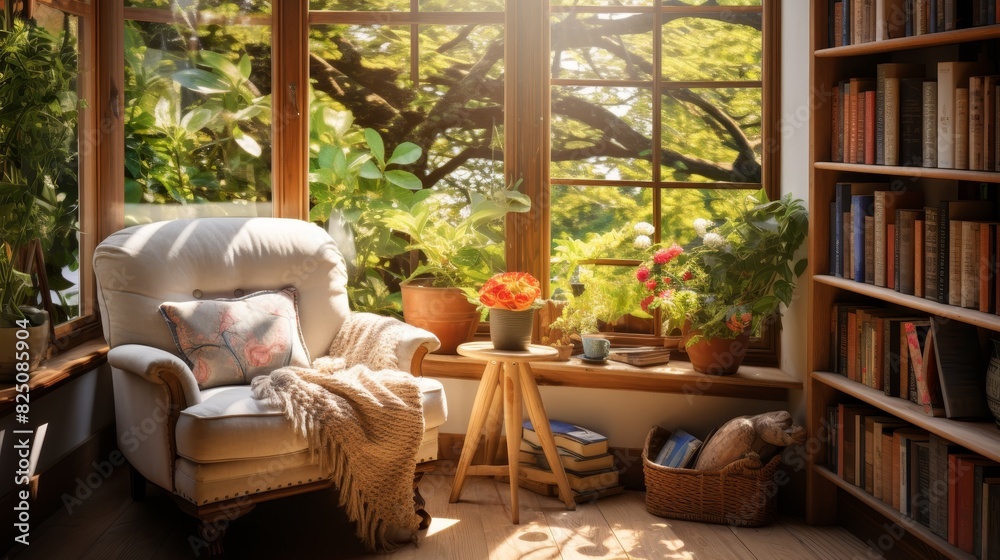 Cozy reading nook with a comfy armchair, bookshelf and sun streaming through a window.  Perfect for relaxation and escape.