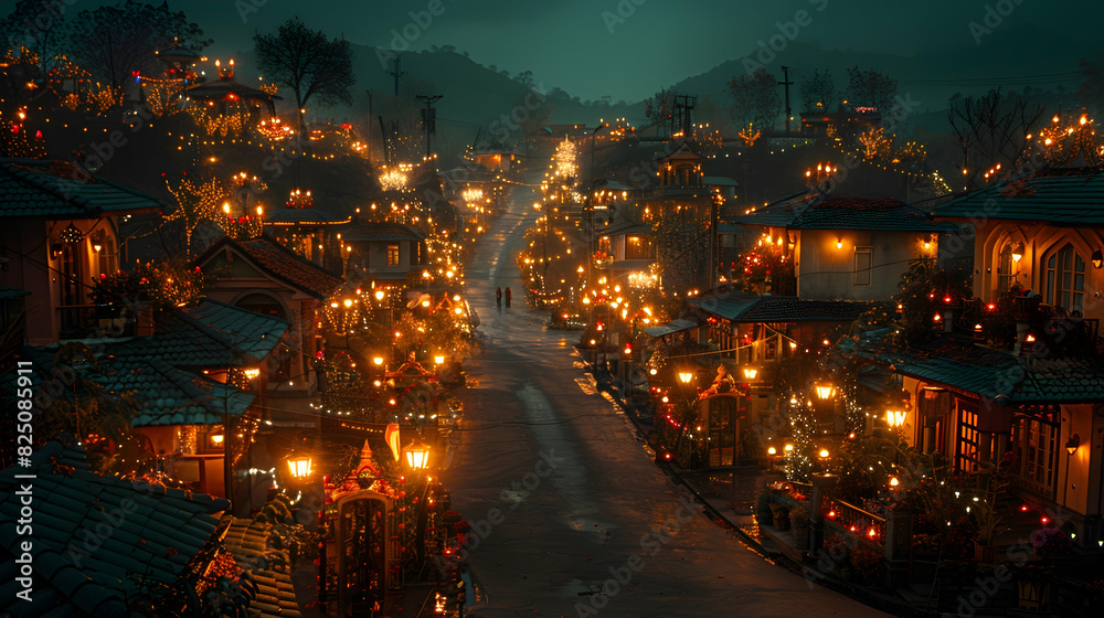 Fototapeta premium A dusk scene of a street lined with homes decorated with colorful Diwali lights, creating a vibrant and festive atmosphere