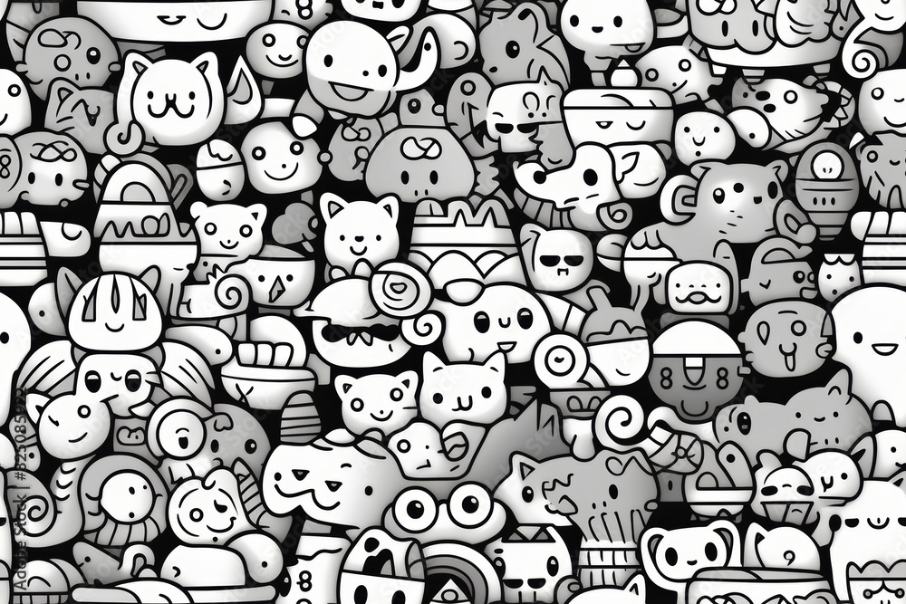 Seamless pattern with monochrome black and white colors and funny doodles, high-quality and print-ready