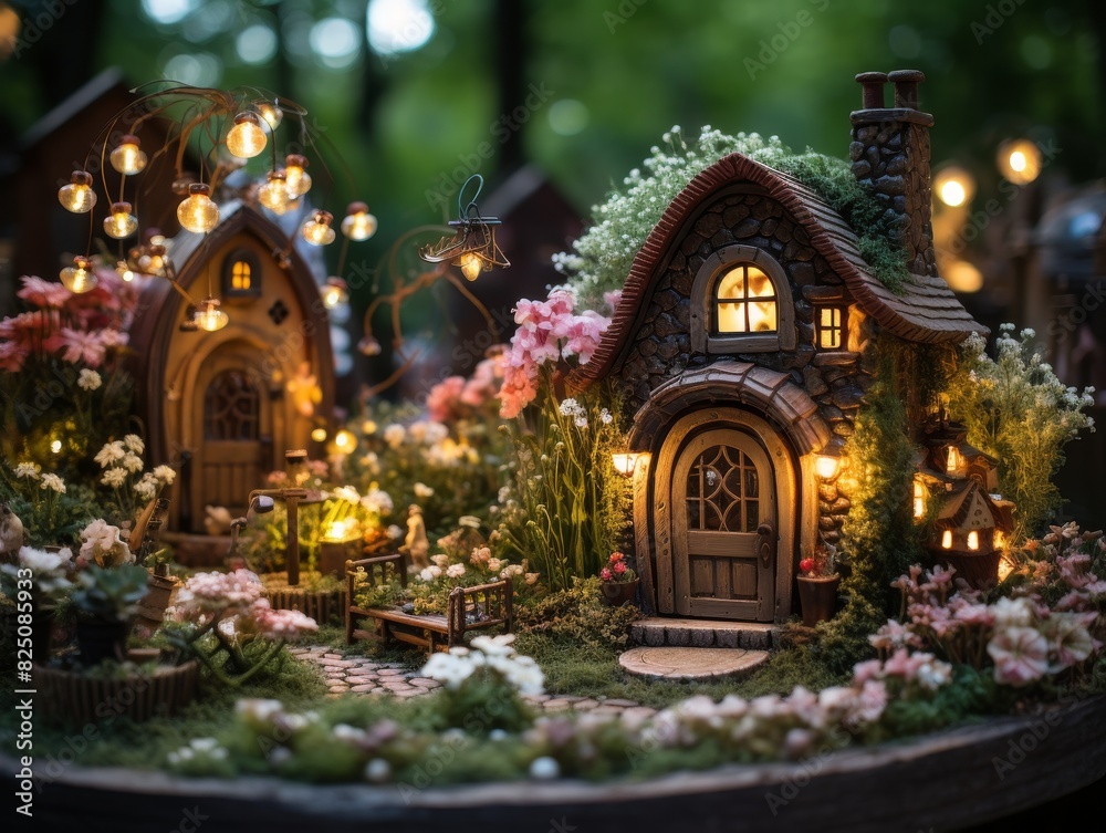 Enchanted miniature village with glowing windows, nestled in a lush green forest.