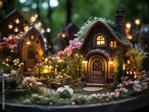 Enchanted miniature village with glowing windows, nestled in a lush green forest.
