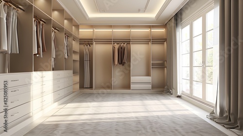 Modern wardrobe, large space with gray and white color scheme, floor to ceiling cabinets on the left side of the closet, carpeted flooring in light grey tones, large windows for natural lighting. 