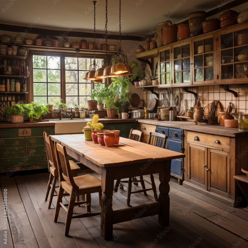 Rustic farmhouse kitchen with wooden table, chairs, and cabinets. Sunlight streams through the window, illuminating the space.