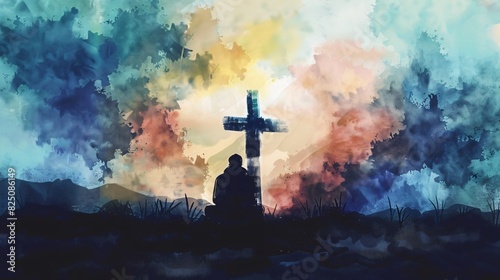 a painting of a person kneeling and praying at the foot of a large cross. photo