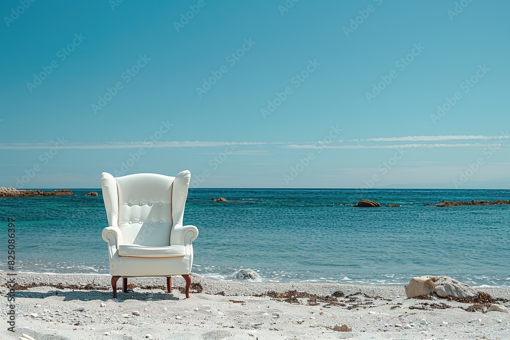 white cozy armchair is sitting on the beach next to the sea white cozy armchair is sitting on the beach next to the sea