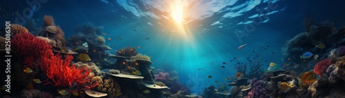 Sunbeam shines through the ocean, illuminating coral reefs and a colorful fish. photo