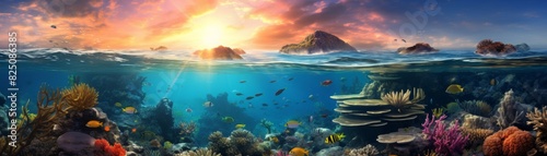 Underwater coral reef scene with vibrant sunset and colorful fish.