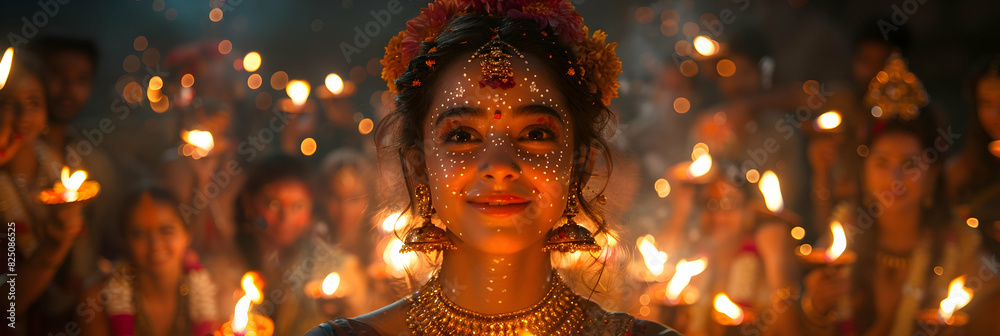 Obraz premium A dusk scene of friends and family celebrating Diwali with fireworks, creating a lively and joyous atmosphere