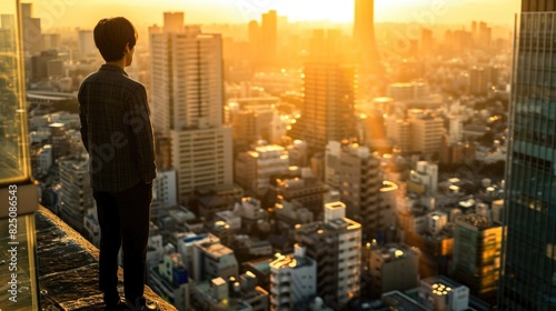 A man stands on a rooftop looking out over a city. The sun is setting  casting a warm glow over the buildings. The cityscape is bustling with activity  but the man seems to be lost in thought
