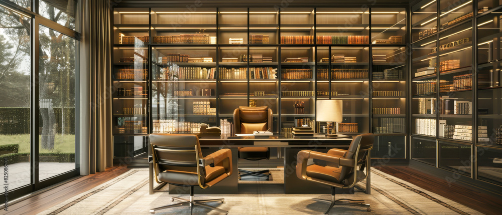 A large room with a desk and two chairs, one of which is a leather office chair A large room with a desk and two chairs, one of which is a leather office chair