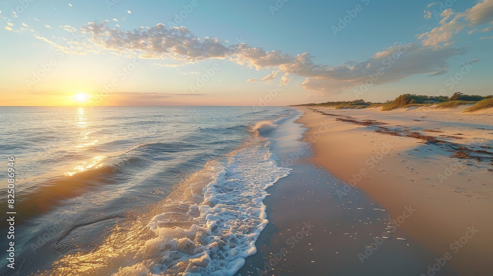A picturesque beach at sunrise, with the first light of day casting a warm glow over the calm ocean and pristine sandy shore.